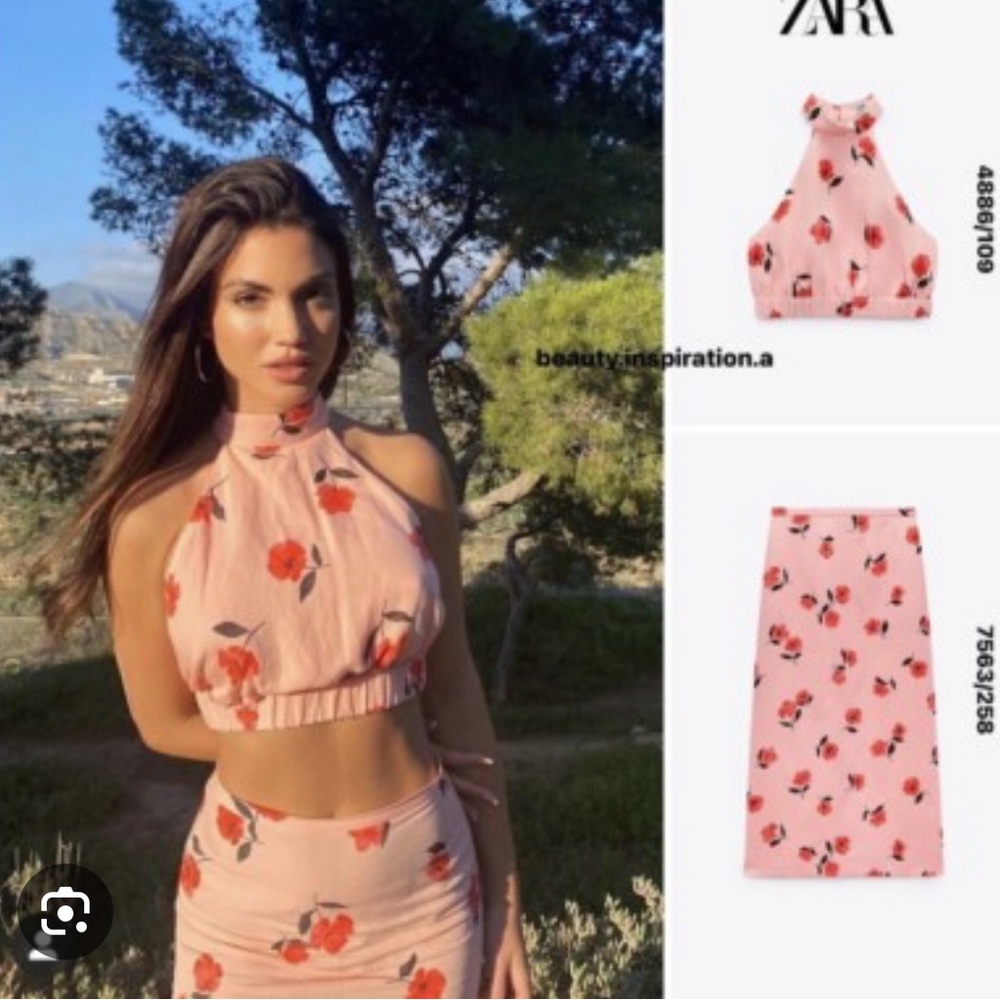 Zara Floral Pink Halter Top and Skirt Set